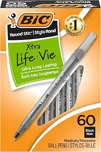 Bic Round Stic Xtra Life Ballpoint Pen, Ultra Long Lasting And Consistent Ink Flow, 60-Count In Black Ink