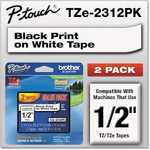 Brother P-Touch tze2312pk Tze Standard Adhesive 0.47 In. X 26.2 Ft. Laminated Labeling Tapes - Black On White (2/Pack)