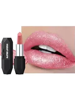 Pink Glitter Metallic Lipstick,Waterproof Matte Shimmer Lip Gloss For Women