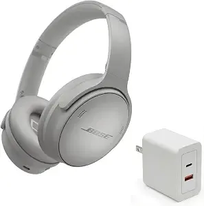 Bose Quietcomfort Headphones Bundle With Fast Charger - Wireless Bluetooth Over-Ear Noise Cancelling Headphones With Mic, Usb-C Charging, Deep Bass, Up To 24 Hours Playtime (Moonlight Grey)