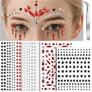 Teenitor 4 Sheets Face Gems Stick On, Face Jewels Red And Balck Face Gems
