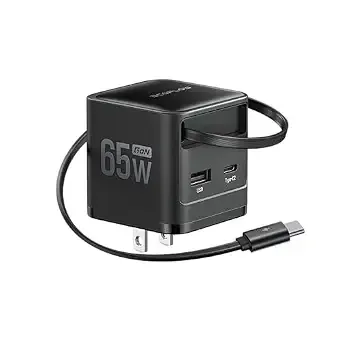 Ef Ecoflow 65w Usb C Charger With Retractable Cable, 3-In-1 Phone Charger With Type C Cable, 2-Port Fast Charger Compatible With Iphone 17 16 Pro Max, Ipad, Galaxy s25, Steam Deck (Black)