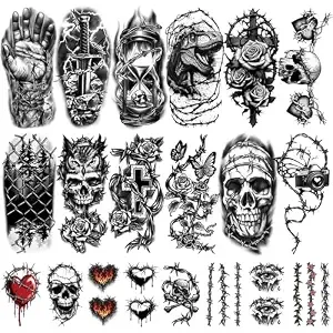 77 Sheets Barbed Wire Temporary Tattoo, 17 Sheets Half Arm Skull Barbed And Wire Rose Fake Tattoos For Women Men, 60 Sheets Prison Cross Sword Thorny Rose Realistic Tiny For Adult Kids Body Tattoos