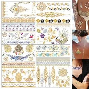 Aresvns Flash Gold Metallic Temporary Tattoos For Women Girls, 8 Sheets