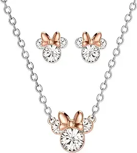 Disney Rainbow Crystal Minnie Mouse Necklace And Stud Earrings- Silver