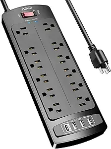 Alestor 6 Ft Surge Protector Power Strip With 12 Outlets And 4 Usb Ports