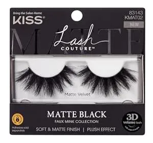 Kiss Lash Couture Matte Velvet False Eyelashes, 1 Pair, 16mm, Blackest Black, Plush Faux Mink Eyelashes, 3d Volume Strip Lashes, Exclusive Knot-Free, Ultra-Thin Band, Reusable Comfortable Lashes