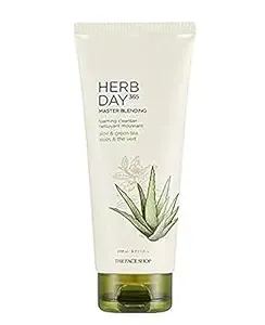 The Face Shop Herb Day 365 Master Blending Cleansing Foam Aloe & Green Tea Face Cleanser - Moisturizing, Hydrating, Soothing Face Wash - Korean Skin Care Facial Cleanser - Suitable For All Skin Types
