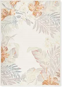 Tommy Bahama Bimini Blooming Border Indoor Outdoor Area Rug, Leaf Tropical Design, Uv Fade Resistant, Ivory/Blue/Coral, 7'10"x10'2"