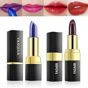 2 Pcs Magic Black Blue Lipstick Set, Shimmer Color Changing Lipstick(Blue Changed Into Pink,Black Change Into Brick Red),Natural Moisturizing Lip Balm Labiales Magicos Nutritious Lazy Lipstick