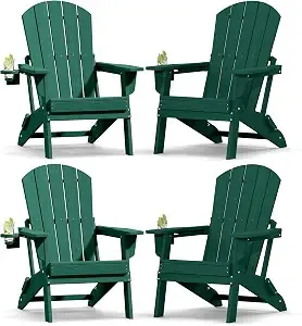 Plawdlik Folding Adirondack Chair, Sgs Tested, Wooden Textured With Cup Holder, Heavy All-Weather Hdpe Comfortable Set Poolside Backyard Lawn Green Set 4