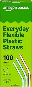 Amazon Basics Disposable Striped Plastic Flex Straws, Assorted Colors, 100 Count, Large Pack, Packaging May Vary