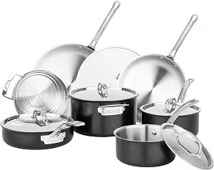 Viking 3-Ply Pots And Pans Set, 12 Piece Stainless Steel Kitchen Cookware Set With Lids, Dishwasher Safe, Induction Ready, Cast Black
