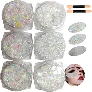 Holographic Iridescent White Glitter Gel–6 Shapes Sequins Mix For Face Hair