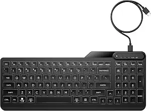 Hp 400 Backlit Wired Keyboard (Ash Wired) - Warm White Led Illuminated Keys W/ 3 Brightness Levels - Slim & Portable Design - 12 Programmable Keys - Spill-Resistant, Sanitizable