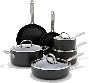 Oxo Enhanced 10 Piece Cookware Pots & Pans Set, Pfas-Free Ceramic Nonstick, Durable Hard Anodized Cookware, Scratch Resistant, Stainless Steel Handle, Good Grips, Dishwasher & Oven Safe, Black
