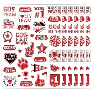 Red Team Spirit Temporary Tattoos - 170+ Red Team Spirit Tattoo Decorations, Sport Party Favors Supplies, Cheerleading Glitter Sport Game Stickers For School Event(6 Sheets)