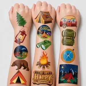 96 Pcs Camp Camping Pre-Cut Temporary Tattoos For Kids - Themed Birthday