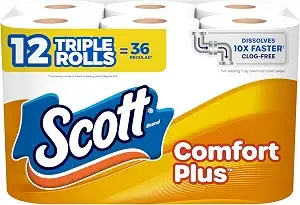 Scott Comfortplus Toilet Paper, 12 Triple Rolls, 231 Sheets Per Roll, Septic-Safe, 1-Ply Toilet Tissue