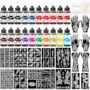 20 Bottles Temporary Tattoo Ink Kit With 12 Colors (3 Black,Red,Brown,2 Dark Red,Navy Blue,1 Purple,Orange ...),147 Tattoo Stencils Big Designs,Body Art Diy Gifts Set Fun For Party Holiday
