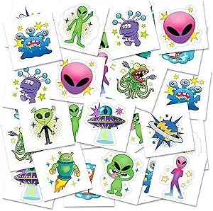 Artcreativity 144 Alien Temporary Tattoos For Kids, Pre-Cut Space Favors