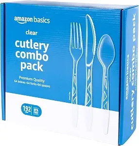 Amazon Basics Disposable Clear Plastic Cutlery Set, Premium Quality, Strong, 192 Count, Large Combo Pack Forks, Spoons And Knives