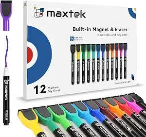 Maxtek Magnetic Whiteboard Markers - 12 Count Colorful Fine Tip Dry Erase Markers With Eraser For Kids, Low Odor Thin Markers For Calendar Boards