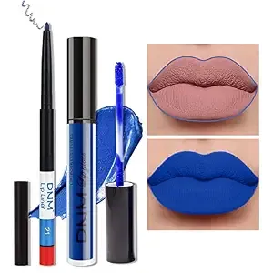 Amy'S Diary 2pcs Blue Matte Lip Liner And Lipstick Makeup Set, Liquid Lipstick 24h And Lip Liner Set Matt Liquid Lips Make Up Waterproof Long Lasting Lipstick Matte Kit With Lip Liner (08)