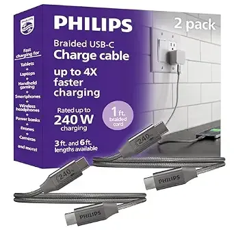 Philips 240w Usb-C To Usb-C Charging Cable 2 Pack, Laptop & Phone Cable