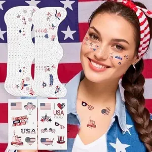 Meicoly 4th Of July Glitter Freckles,Usa Face Glitter Star Stickers Temporary Freckles Tattoos,Fourth Of July Red White Blue Accessories,8 Face Glitter Freckles With 13 Temporary Tattoos