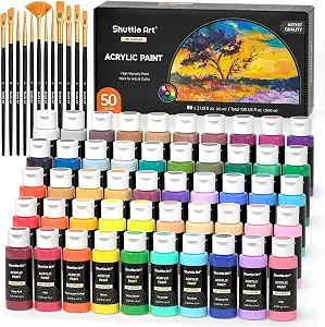 Shuttle Art Acrylic Paint, 50 Colors Acrylic Paint Set, 2oz/60ml Bottles, Rich Pigments, Water Proof, Premium For Artists, Beginners And Kids On Canvas Rocks Wood Ceramic Fabric