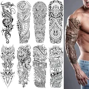 Black Military Full Arm Temporary Tattoos Stickers Adult Men, Scary Fake Tattoo Stickers, Totem Dragon Wolf Realistic Temporary Tattoos 8 Sheets For Halloween Bbq Pool Beach Party