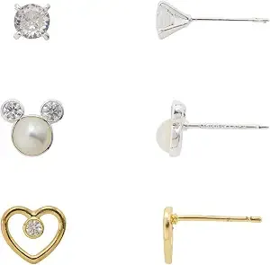 Disney Mickey Mouse Two-Tone Cz & Faux Pearl Heart 3-Piece Earring Set
