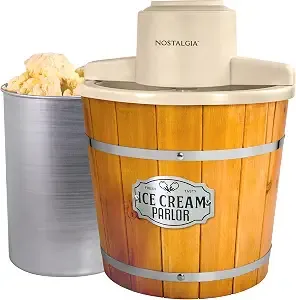 Nostalgia Electric Ice Cream Maker With 4 Qt Capacity- Old Fashioned Ice Cream Machine Makes Frozen Yogurt Or Gelato In Minutes- Vintage Wooden Style Ice Cream Maker With Aluminum Canister- Light Wood