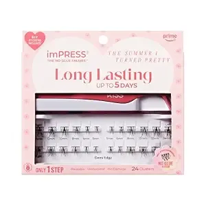 Impress - The Summer I Turned Pretty Long Lasting Self Adhesive Eyelashes, ‘Demi Edgy’, 24 Natural Volume Press On Lash Clusters, 5mm-14mm, Non-Stick Applicator, Bonus Stickers, Reusable Case