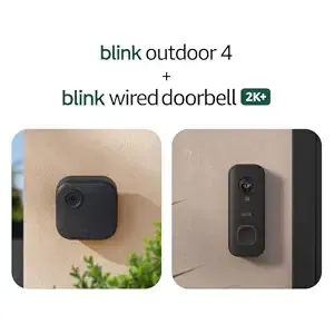 Blink Outdoor 4 And Wired Doorbell 2k+ (Newest Model) — Two-Year Battery 1080p Cameras And 2k Hardwired Doorbell. Sync Module Core Included — 2 Cameras + Doorbell (Black)