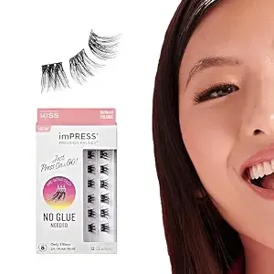 Kiss Impress Falsies Press On Self Adhesive Eyelashes, 10mm-12mm Glam Volume Press On Lashes, Black, No Glue Needed, Invisible Band, 12 Lash Clusters - Refined