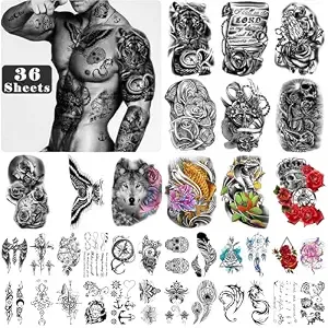 Yazhiji 36 Sheets Temporary Tattoos Stickers Include 12 Sheets Large Stickers Fake Body Arm Chest Shoulder Tattoos For Men And Women