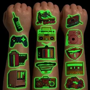 96 Pcs Back To The 90s 80s Pre-Cut Luminous Temporary Tattoos Glowing