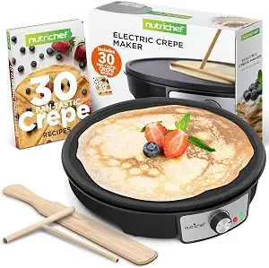 Nutrichef Electric Crepe Maker Pan & Griddle - 12 Inch Nonstick Cooktop - Led Indicators & Adjustable Temperature Control - Includes Spatula, Batter Spreader - Cooks Crepes, Roti & Pancakes