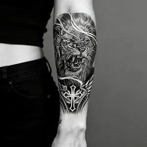 2 Sheets Black And Grey Lion Cross Wing Arm Temporary Tattoos