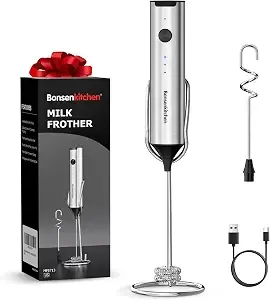 Bonsenkitchen Rechargeable Milk Frother With Stand, 3-Speed Handheld Coffee