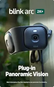 Blink Arc – Plug-In Panoramic Vision [Plus Subscription Required], 180° Coverage, Mini 2k+ Dual-Camera Security, Single Power Source – 2 Cameras (Black)