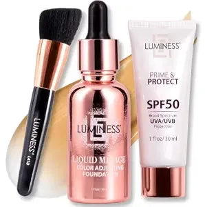Luminess Liquid Mirage Color Adjusting Foundation 3pc Kit With Spf 50 Primer & Pro Makeup Brush - Buildable Coverage, Designed For Mature Skin