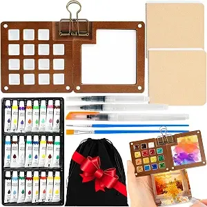 Mini Watercolor Travel Set, 24 Colors Pocket Watercolor Paint Kit With Walnut Wood Palette, 2 Sketchbooks, 5 Brushes & Carry Bag – Portable Art Supplies For Beginners, Artists And Outdoor Sketching