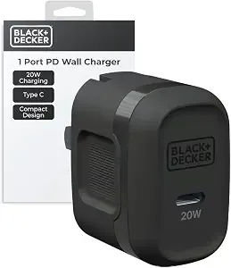 Black+Decker Gan Pd Wall Charger, 1-Port 20w Type C Wall Plug, Compact Power Block Usb C, Type-C Fast Charging For Iphone 17/16/15 Usbc Charging Block Perfect For Home, Office, Travel